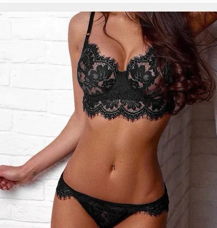 Black lace mesh lingerie set for women with elastic waistband in Asian sizes M to XXXL