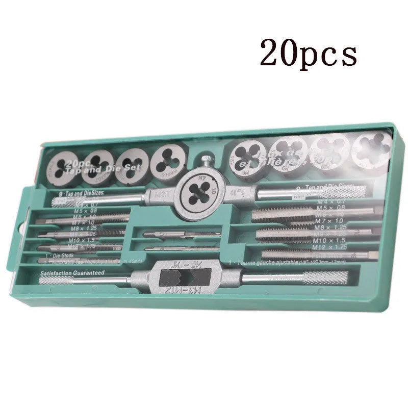 20-piece metric tap and die set with alloy steel construction showing silver and titanium-plated threading tools