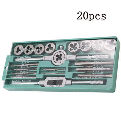 20-piece metric tap and die set with alloy steel construction showing silver and titanium-plated threading tools