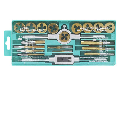 20-piece metric tap and die set with alloy steel construction showing silver and titanium-plated threading tools