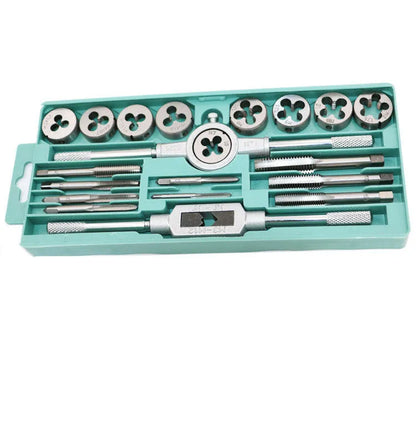 20-piece metric tap and die set with alloy steel construction showing silver and titanium-plated threading tools