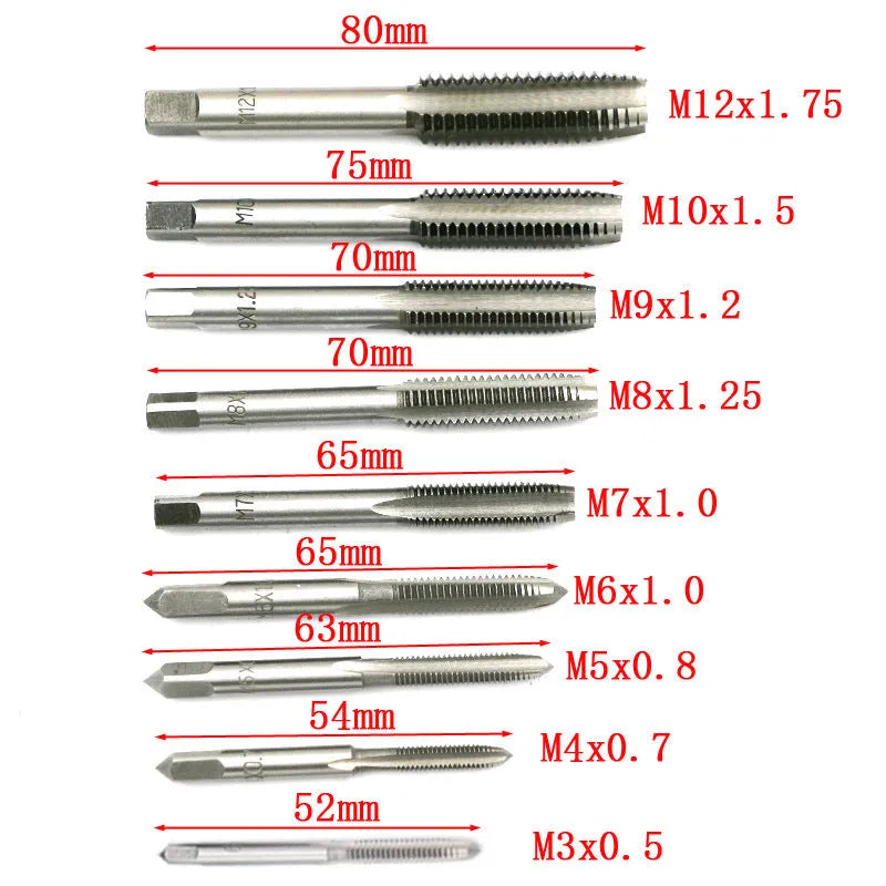 20-piece metric tap and die set with alloy steel construction showing silver and titanium-plated threading tools