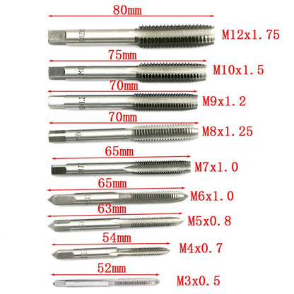20-piece metric tap and die set with alloy steel construction showing silver and titanium-plated threading tools