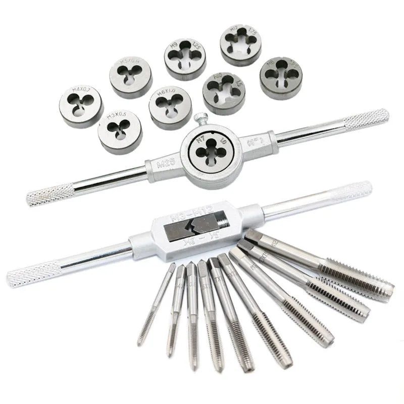 20-piece metric tap and die set with alloy steel construction showing silver and titanium-plated threading tools