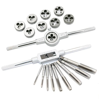 20-piece metric tap and die set with alloy steel construction showing silver and titanium-plated threading tools