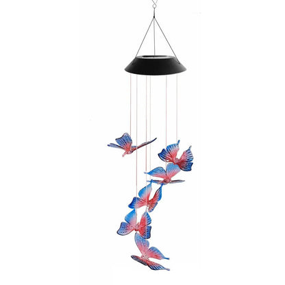 Solar wind chime with colour-changing LED, hummingbird and butterfly designs, waterproof outdoor hanging light for patio yard garden