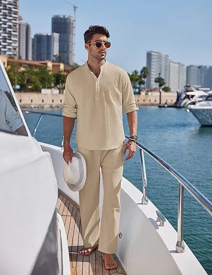 Men's casual cotton suit in a solid colour, featuring a long sleeve top and full-length trousers.