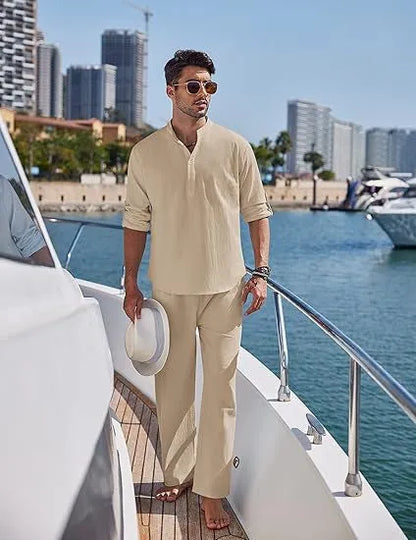 Men's casual cotton suit in a solid colour, featuring a long sleeve top and full-length trousers.