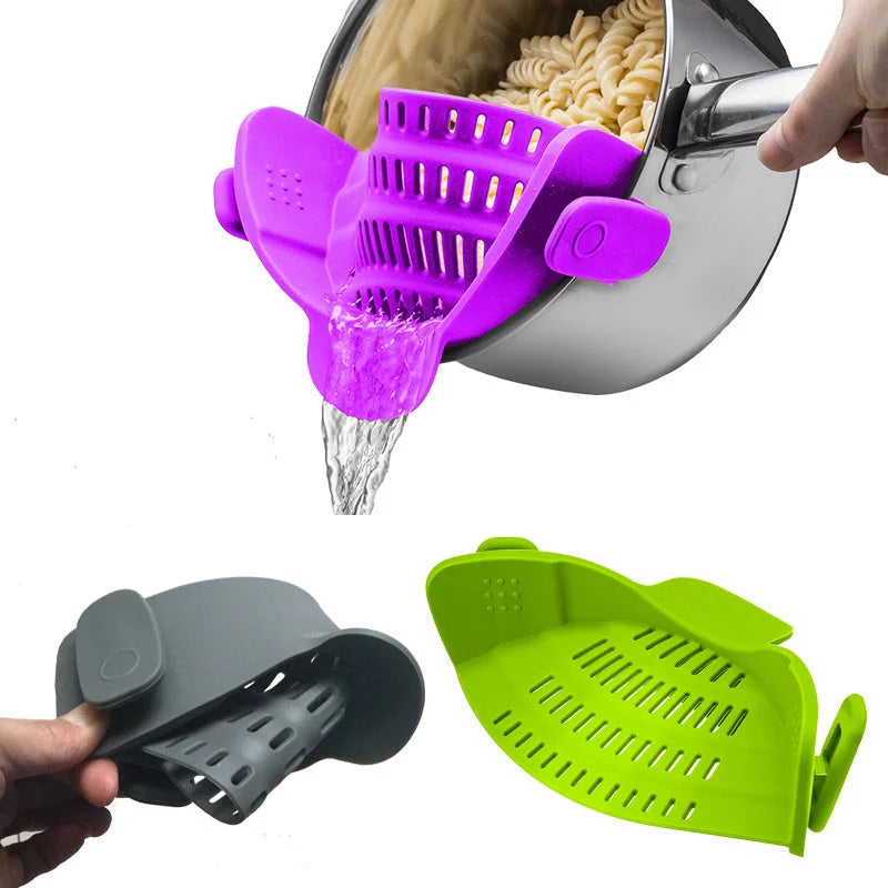 Silicone clip-on oil strainer with stainless steel support for kitchen use