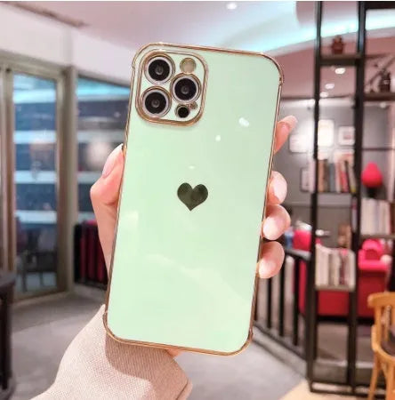 Electroplating Love Airbag Anti-Fall Protective iPhone Case Cover for iPhone 7, 8, X, XR, XS, 11, 12, SE 2020 models featuring TPU flexible material and shock-absorbing design in five colour options including white, pink, purple, black, and light cyan.