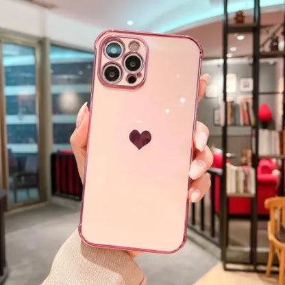 White iPhone case with a silver electroplated love design on the back, showing its flexible TPU anti-fall construction.