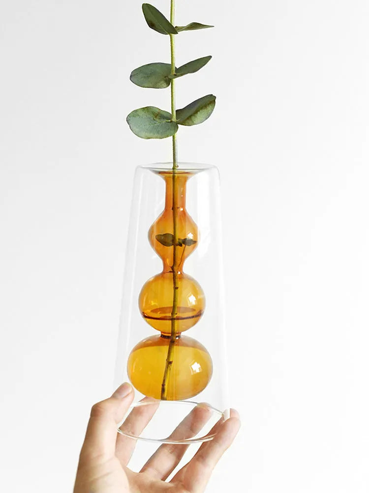 Retro stained glass gourd vase for hydroponic flowers, Nordic countertop glass vase in green pink yellow L M