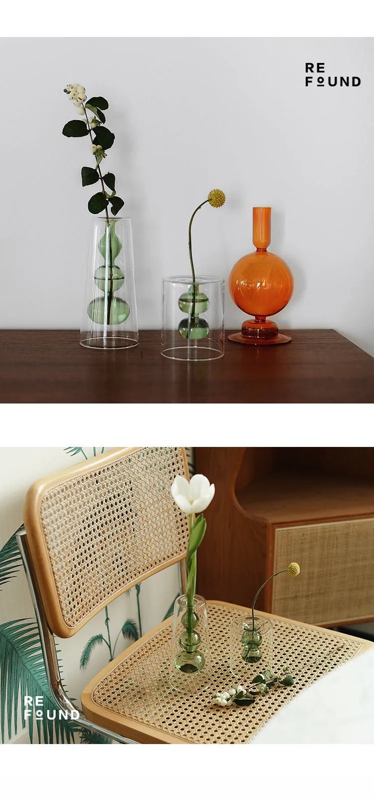 Retro stained glass gourd vase for hydroponic flowers, Nordic countertop glass vase in green pink yellow L M