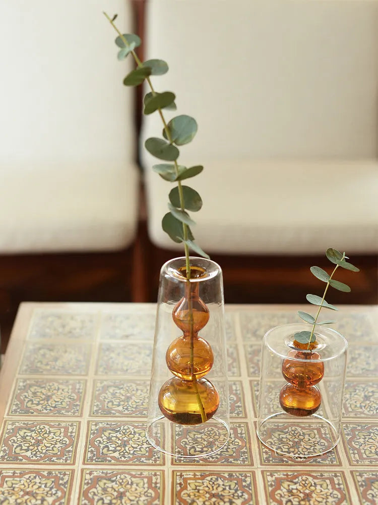 Retro stained glass gourd vase for hydroponic flowers, Nordic countertop glass vase in green pink yellow L M