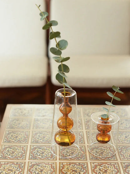 Retro stained glass gourd vase for hydroponic flowers, Nordic countertop glass vase in green pink yellow L M