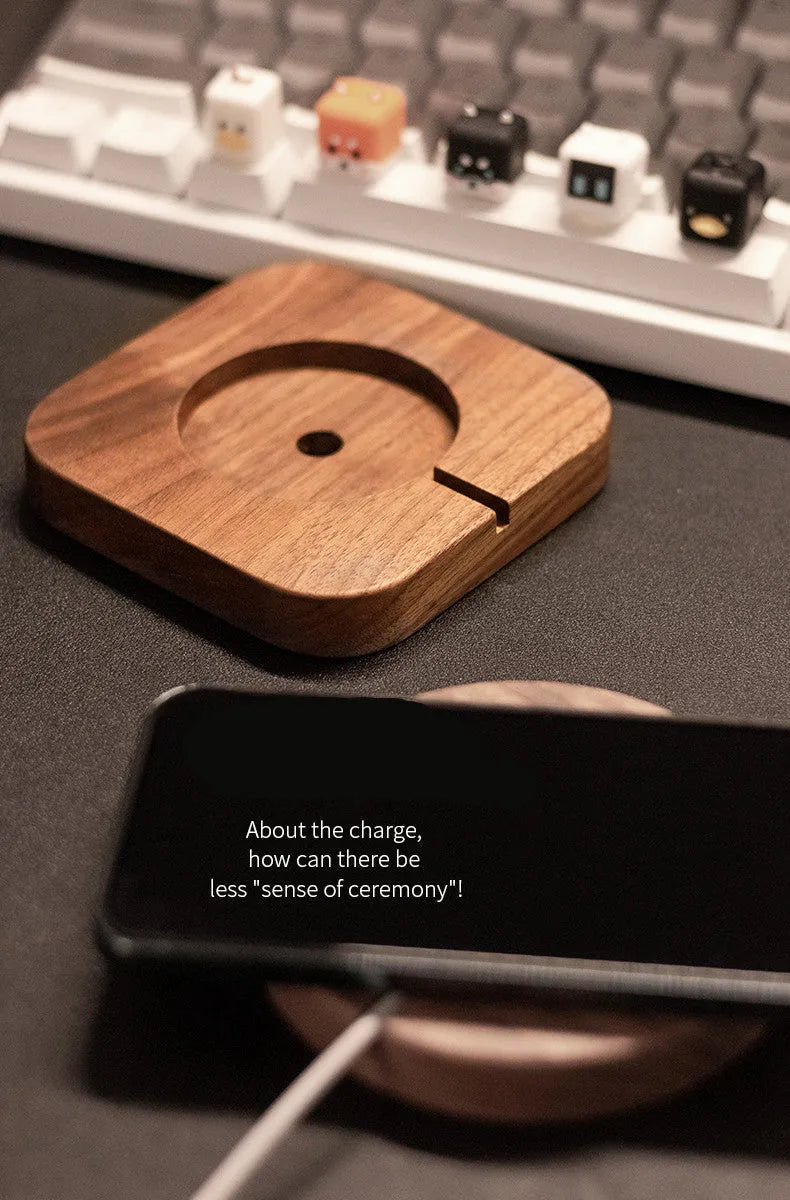 Walnut wood magnetic wireless charging stand with square bracket on desktop