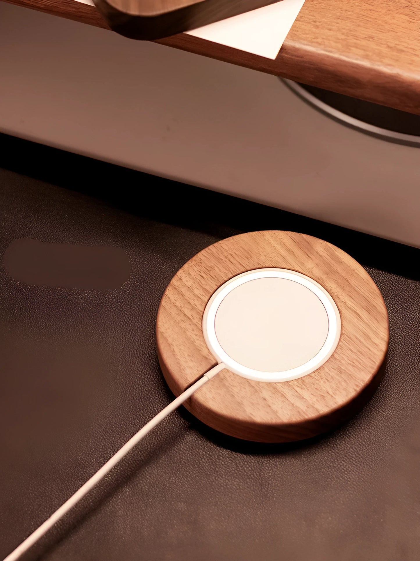 Walnut wood magnetic wireless charging stand with square bracket on desktop