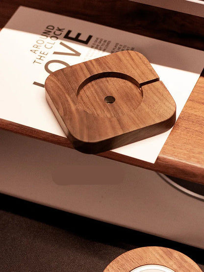 Walnut wood magnetic wireless charging stand with square bracket on desktop