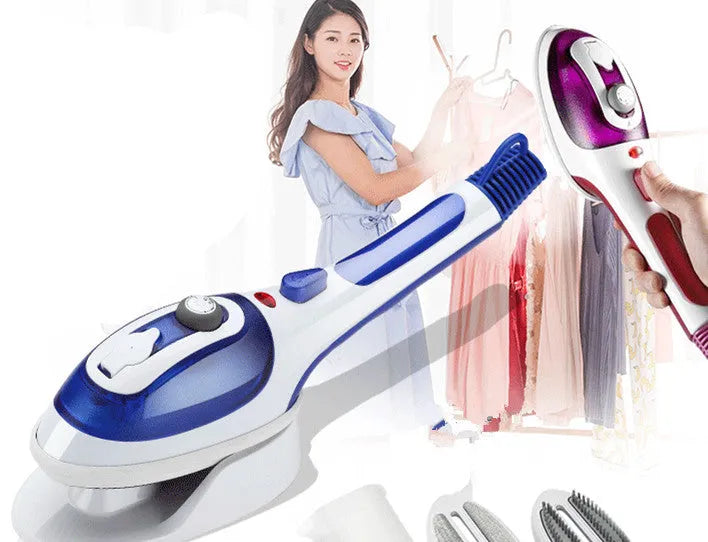 Handheld hanging ironing machine garment steamer in blue colour with mechanical controls and water tank