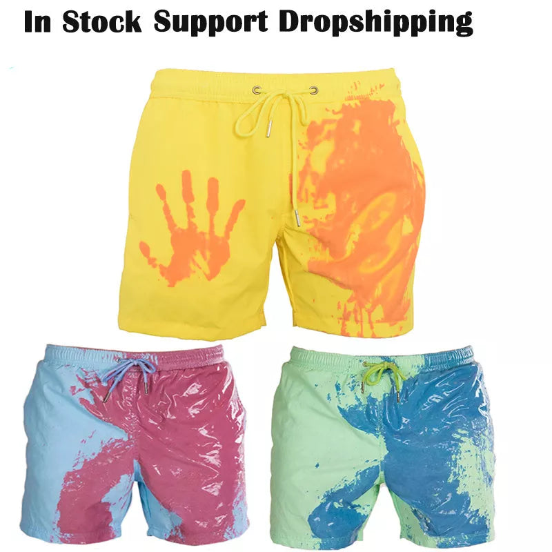 Men's colour-changing beach shorts in various colours, showing quick-dry and water-reactive features