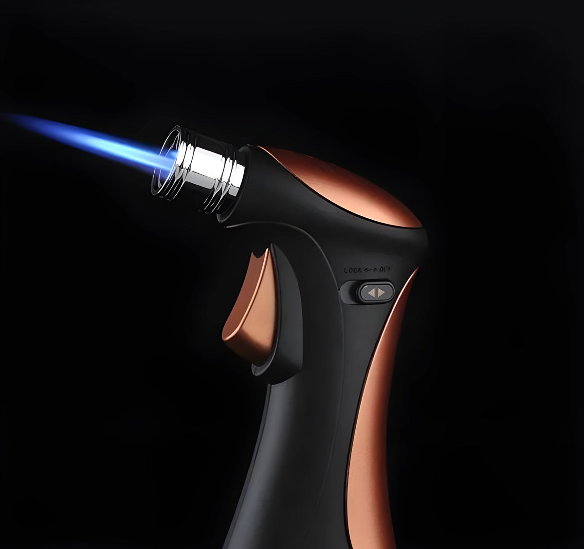 Windproof torch lighter in black or brown with metal body for camping and BBQ