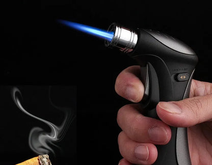 Windproof torch lighter in black or brown with metal body for camping and BBQ