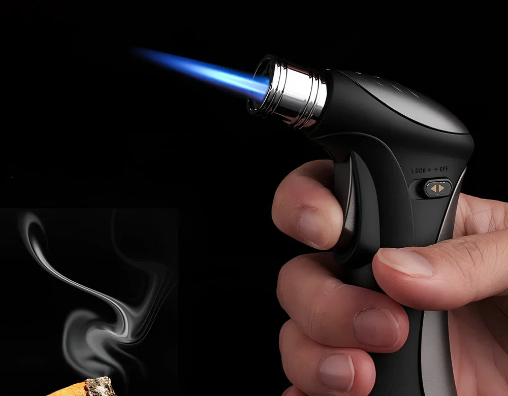 Black windproof torch lighter, 10.5 cm zinc alloy body with adjustable 1000°C flame for windy conditions