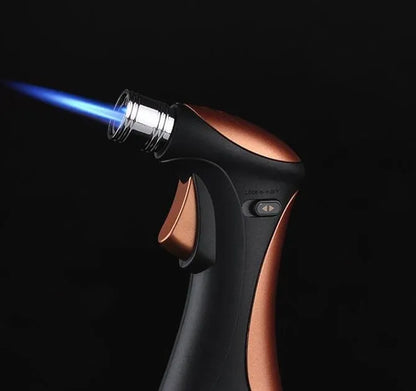 Windproof torch lighter in black or brown with metal body for camping and BBQ