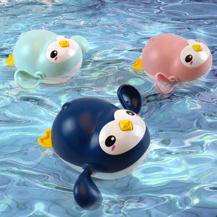 Colourful wind-up penguin bath toys that float, swim, and waddle across the tub, providing endless entertainment for children during bath time