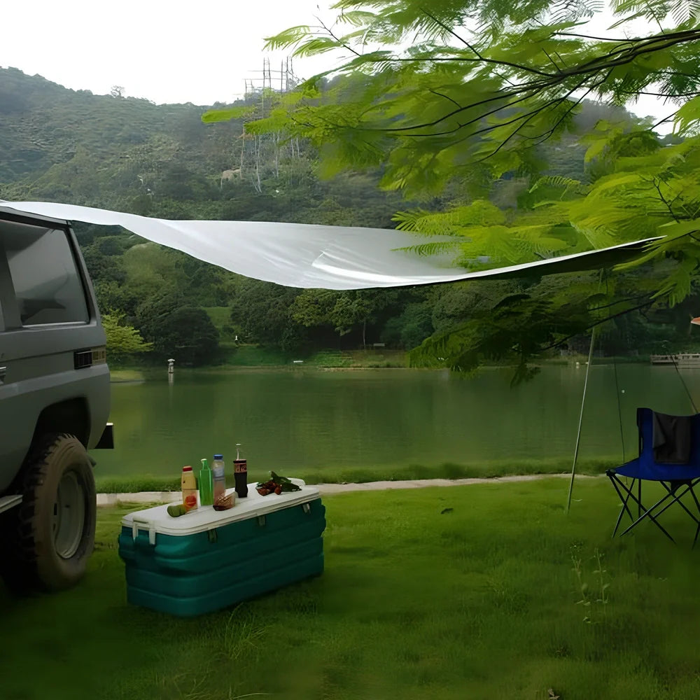 Green double tent awning with aluminium poles measuring 2.8m long by 1.8m wide