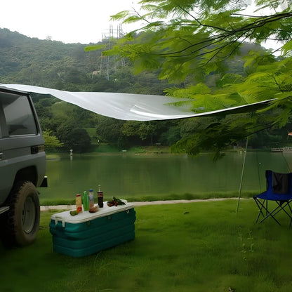 Green double tent awning with aluminium poles measuring 2.8m long by 1.8m wide