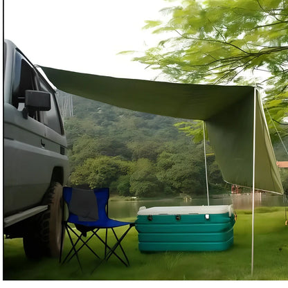 Green double tent awning with aluminium poles measuring 2.8m long by 1.8m wide