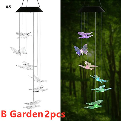 Solar wind chime with colour-changing LED, hummingbird and butterfly designs, waterproof outdoor hanging light for patio yard garden
