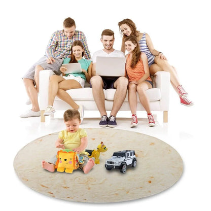 Round flannel burrito blanket with food-themed printing, showing coral fleece texture and wrap-style design