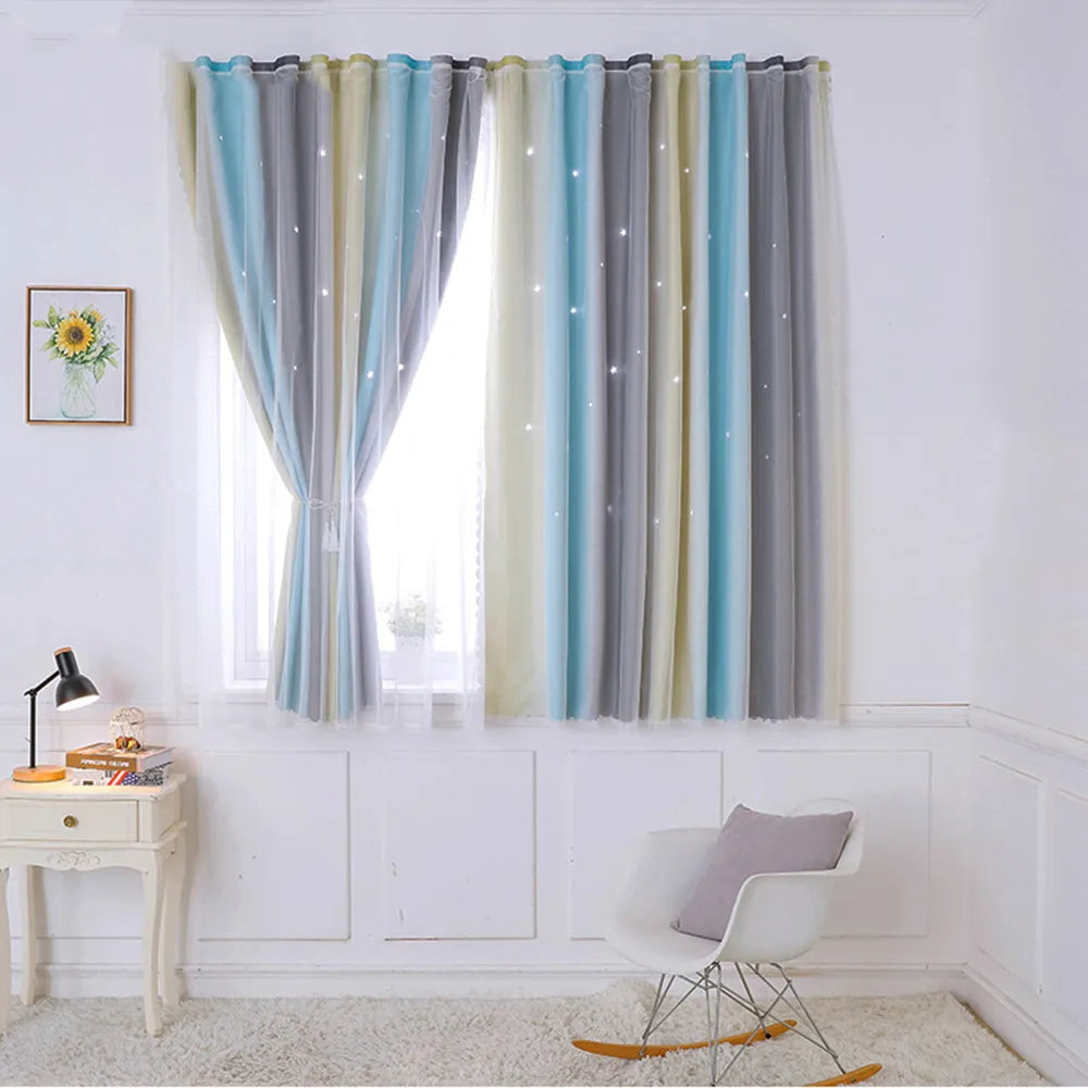 Grey and yellow thermal insulation curtain with star-shaped cuts, blocking sunlight in a bedroom setting