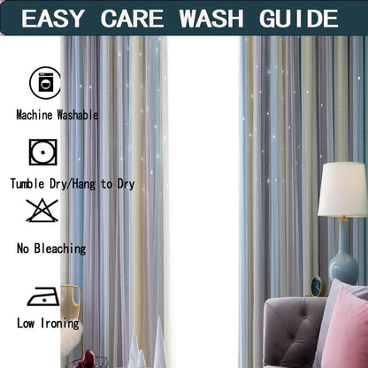Grey and yellow thermal insulation curtain with star-shaped cuts, blocking sunlight in a bedroom setting