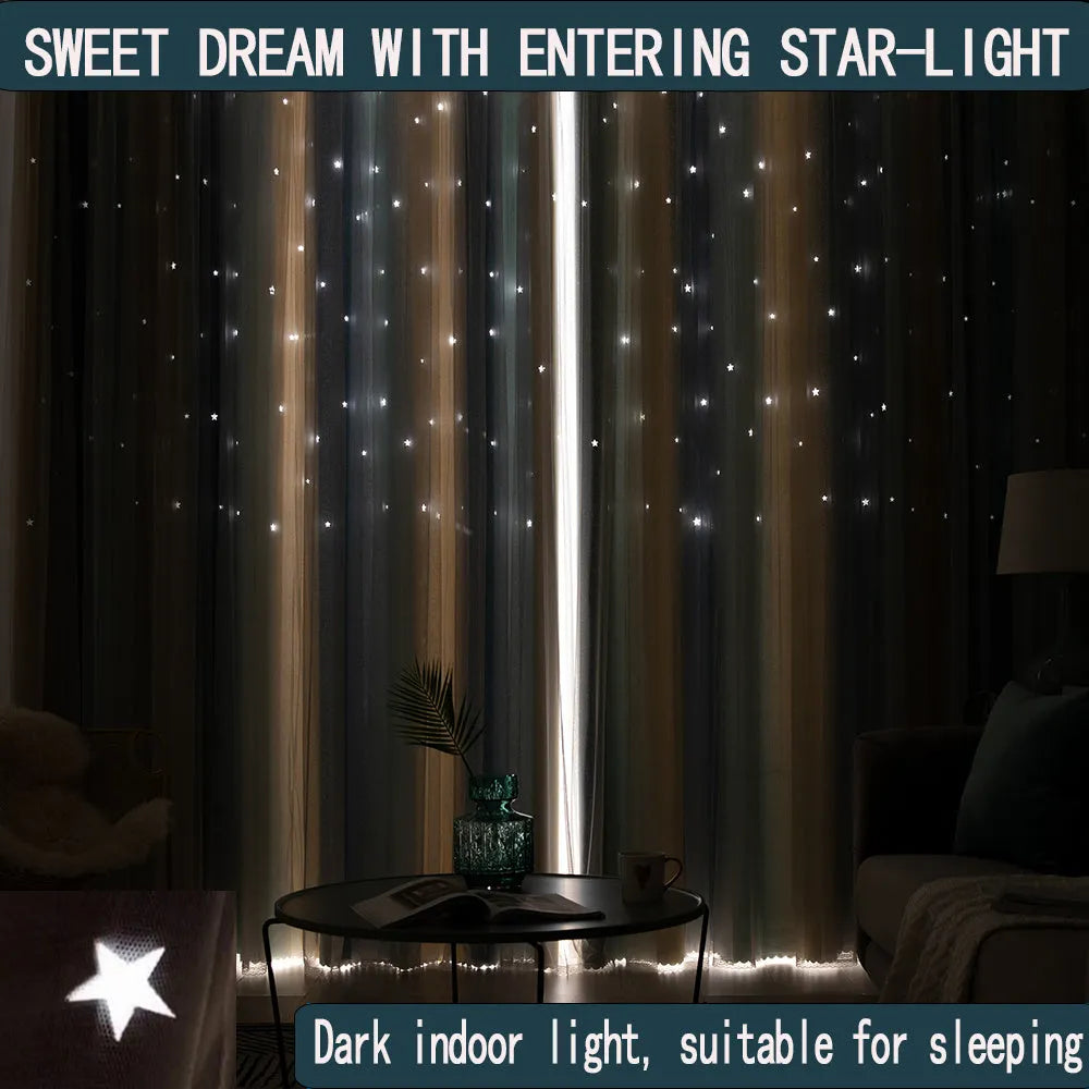 Grey and yellow thermal insulation curtain with star-shaped cuts, blocking sunlight in a bedroom setting