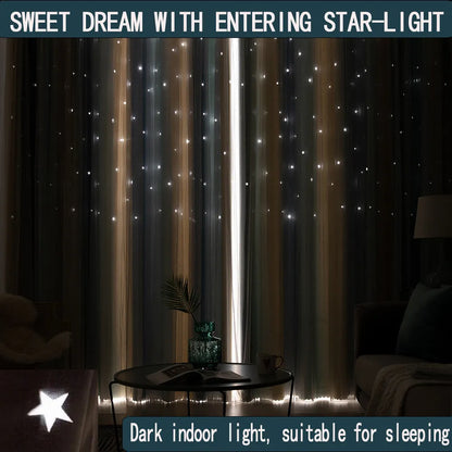 Grey and yellow thermal insulation curtain with star-shaped cuts, blocking sunlight in a bedroom setting