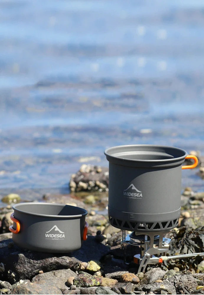 Widesea metallic gray aluminium alloy camping cookware set with two 11cm nested pots and storage bag
