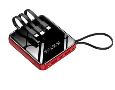 Four-wire mini power bank with digital display showing battery percentage, available in four colours