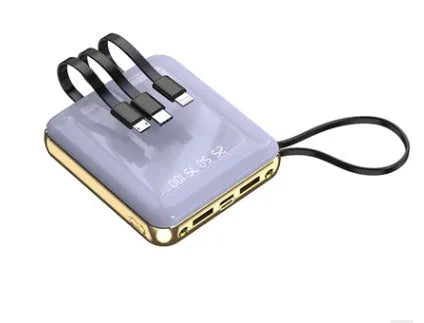 Four-wire mini power bank with digital display showing battery percentage, available in four colours