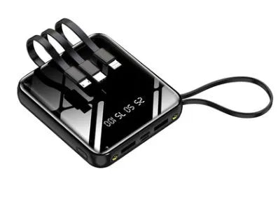 Four-wire mini power bank with digital display showing battery percentage, available in four colours