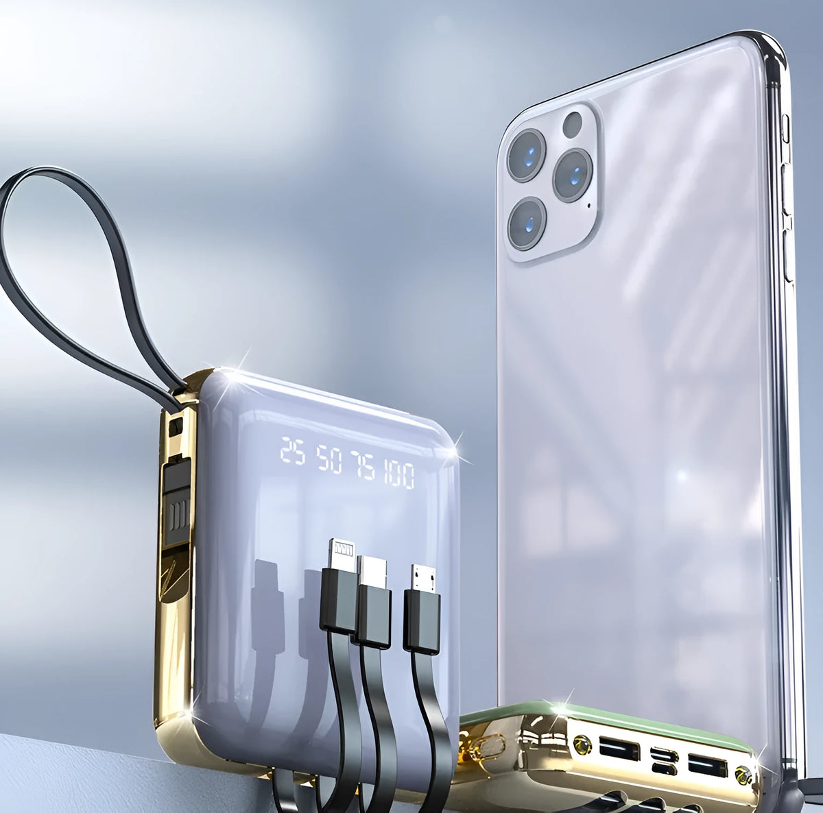 Four-wire mini power bank with digital display showing battery percentage, available in four colours
