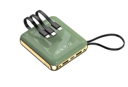 Four-wire mini power bank with digital display showing battery percentage, available in four colours