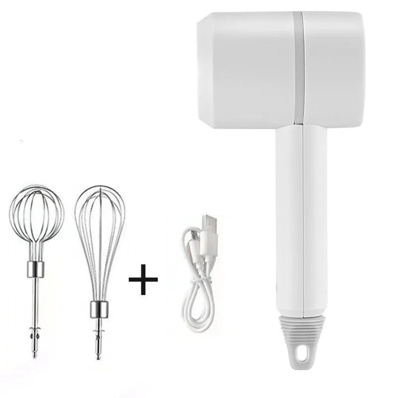 Green rechargeable electric hand mixer with whisk and beater attachments on a kitchen counter
