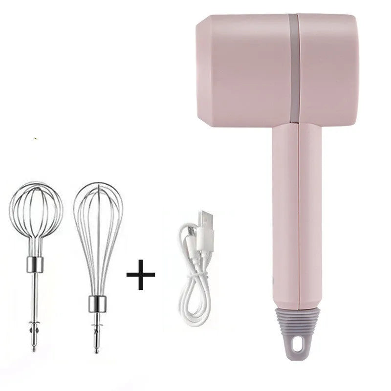 Green rechargeable electric hand mixer with whisk and beater attachments on a kitchen counter
