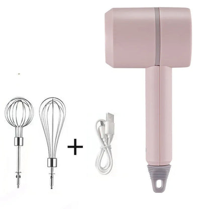 Green rechargeable electric hand mixer with whisk and beater attachments on a kitchen counter