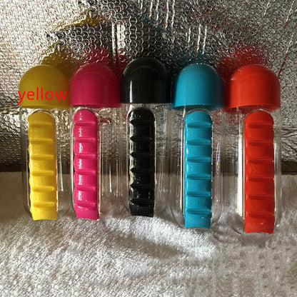 Water bottle with seven pill compartments attached, showing 600ml capacity and BPA-free construction