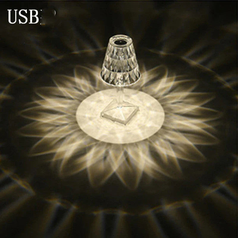 Elegant acrylic crystal table lamp with touch-sensitive dimming and rechargeable battery for home, bedroom and cafe use