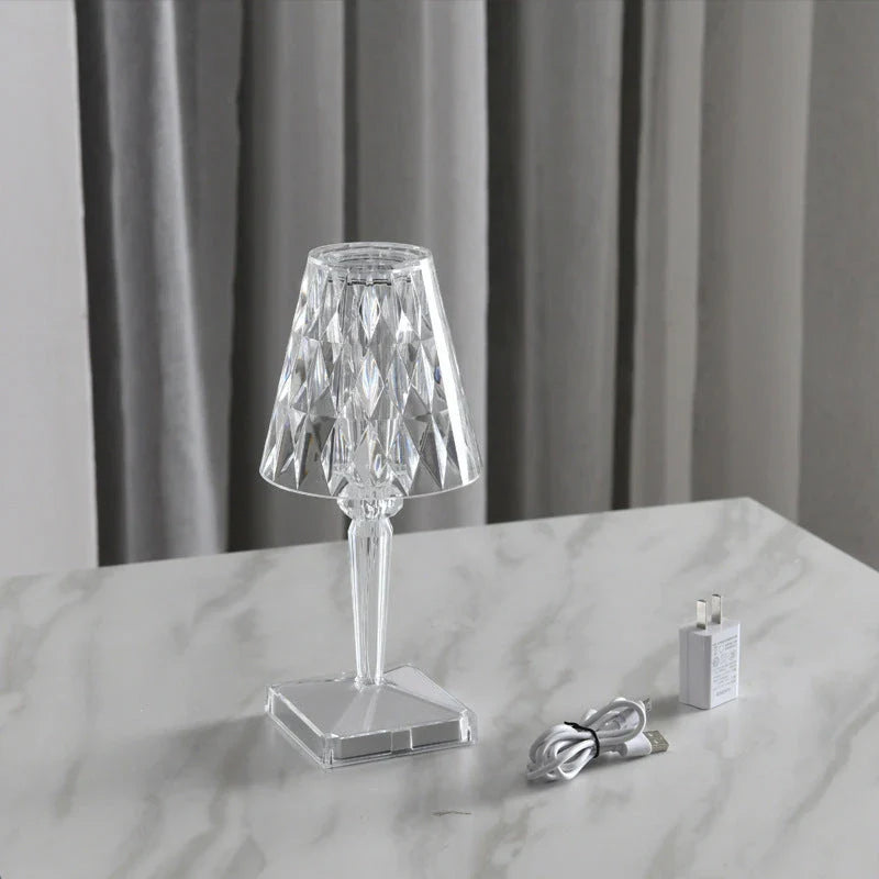 Elegant acrylic crystal table lamp with touch-sensitive dimming and rechargeable battery for home, bedroom and cafe use